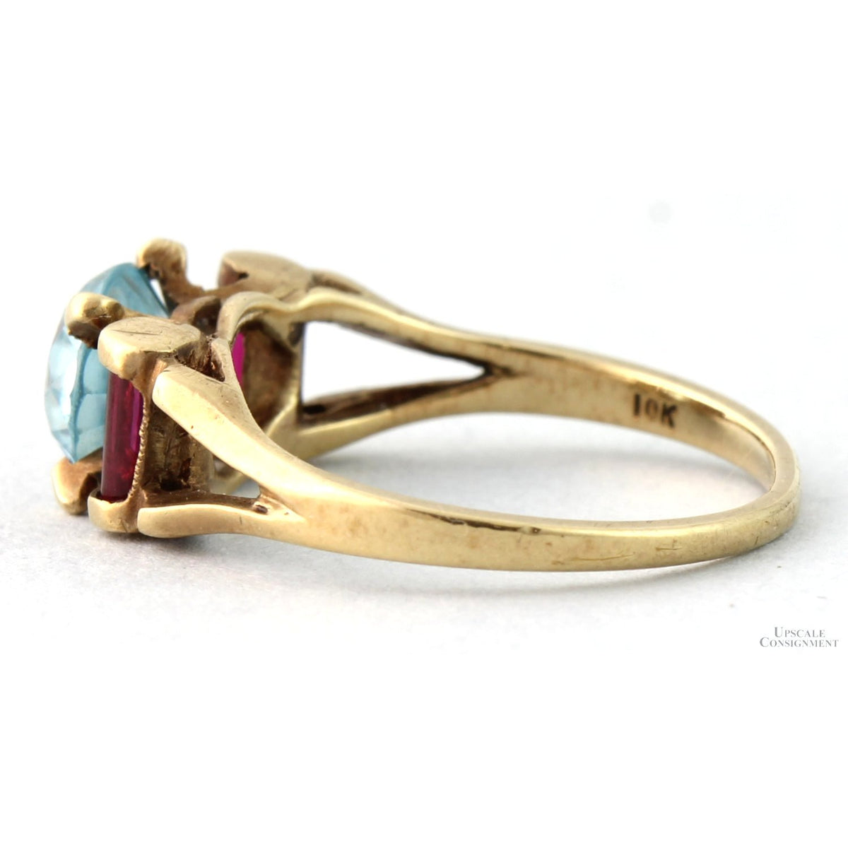 Art Deco Natural Blue Zircon & Created Ruby 10K Gold Ring