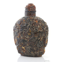 Chinese Hand-Carved Natural Amber Snuff Bottle | High Relief Phoenix & Shou Symbol