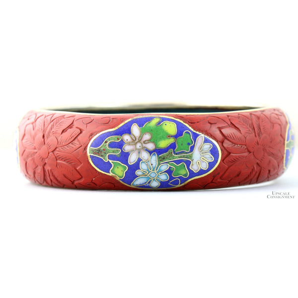 Carved Cinnabar Lacquer Bangle Cloisonné Panels - 66.7 mm