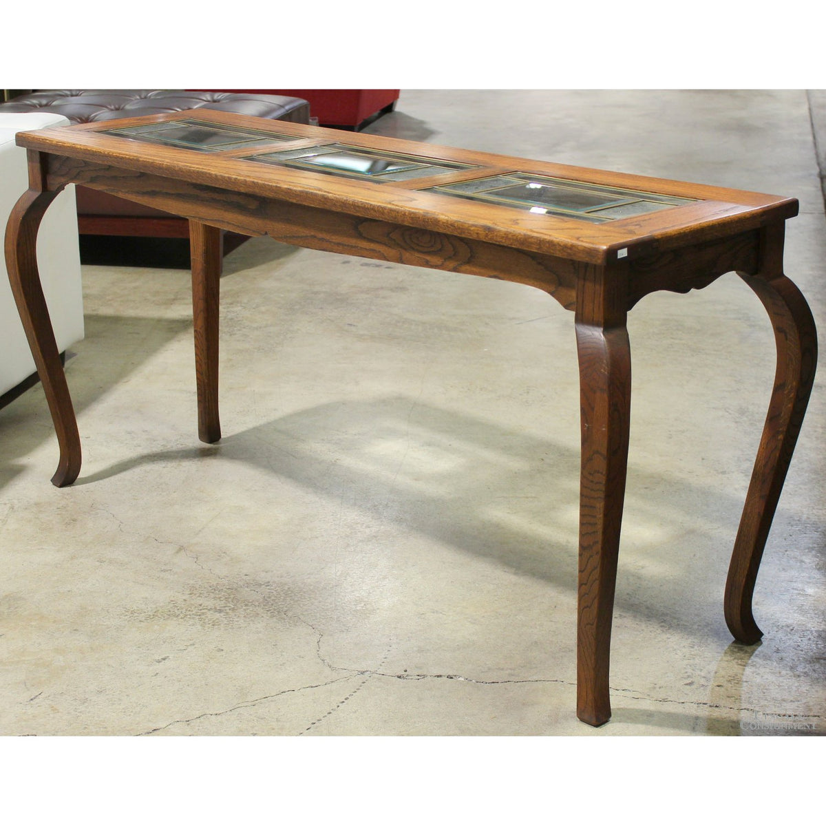 Oak Console Table w/Leaded Glass Inserts