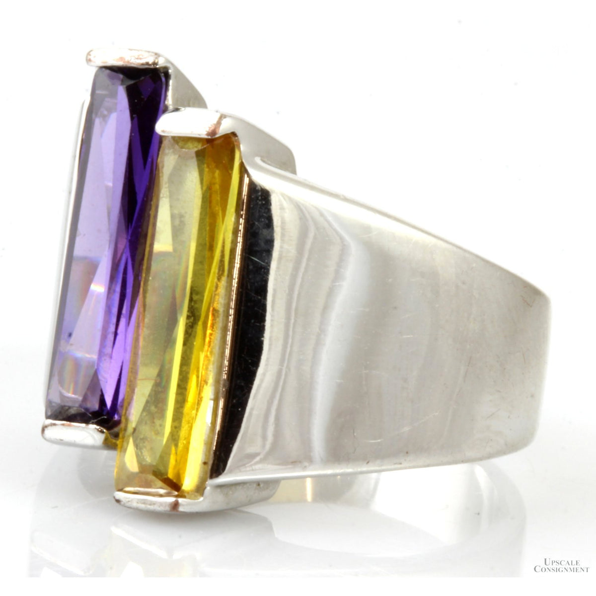 MCM Modernist Purple & Yellow Baguette Shape CZ Sterling Silver Ring