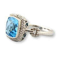 Swiss Blue Topaz & Diamond Halo Ring in 14K White Gold