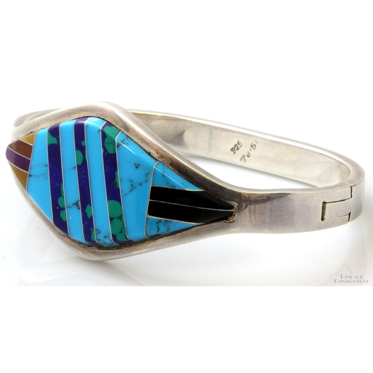 Sterling Silver Multi-Stone Channel Inlay Hinged TAXCO Bangle