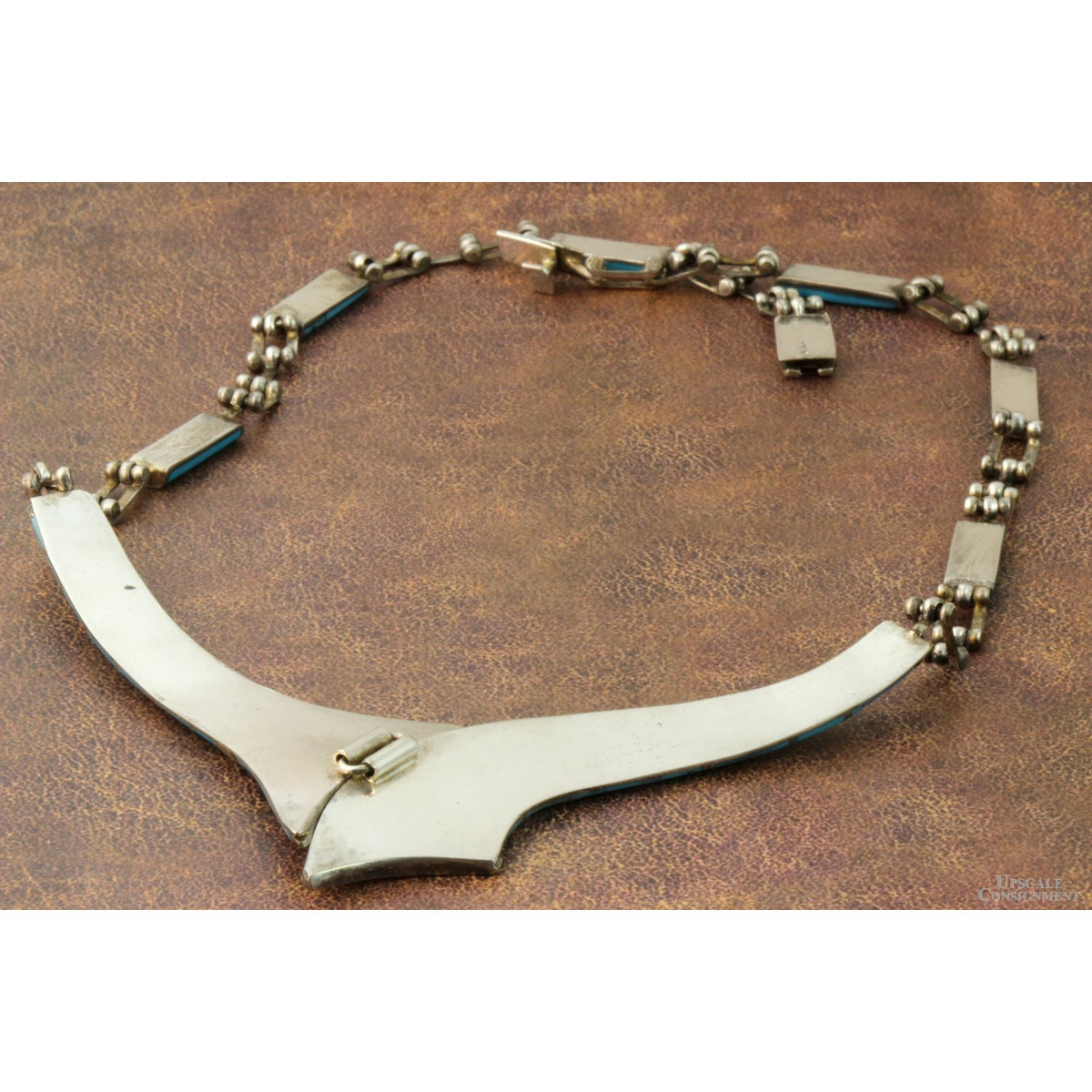 Vintage Turquoise Inlay Sterling Silver Statement Collar Necklace