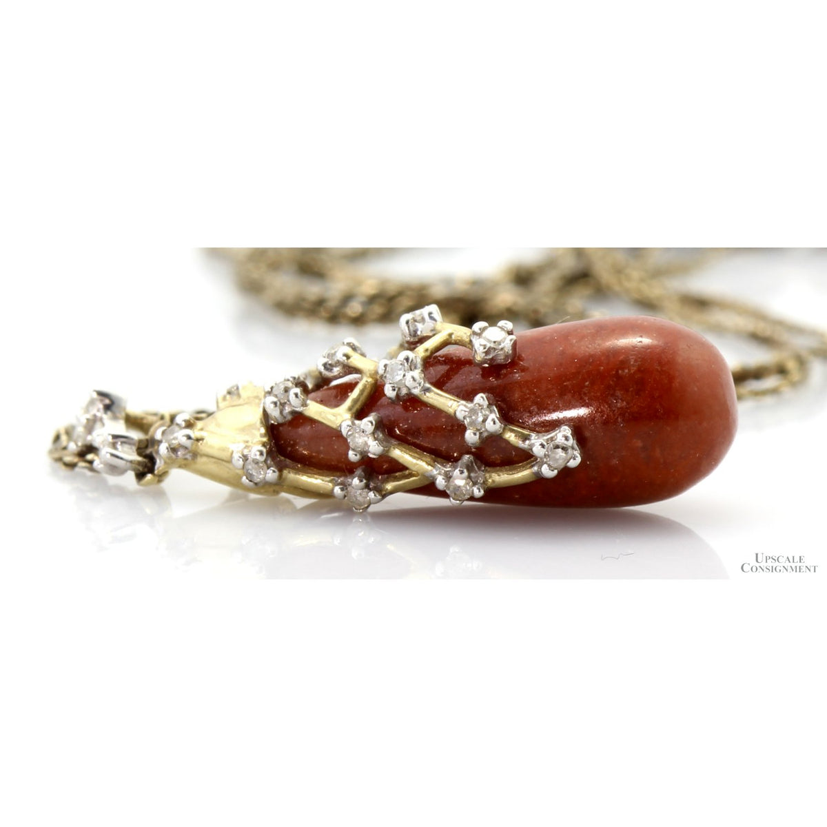 10K Gold Diamond-Accented Reddish-Orange Gemstone Pendant Necklace