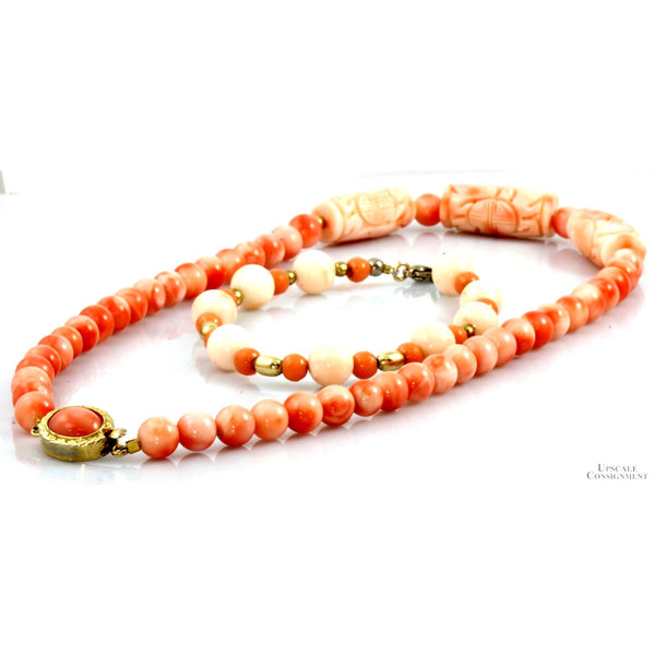 Salmon & Angel Skin Coral Jewelry Set - Carved  Shou Barrel Beads