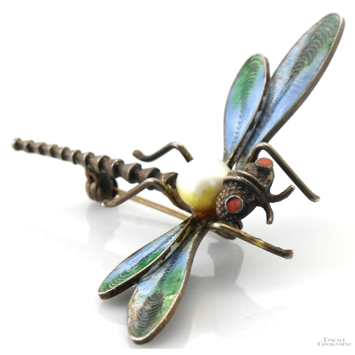 Italian Dragonfly Brooch | Coral, Pearl & Light-Transmitting Plique-à-Jour-Style Enamel