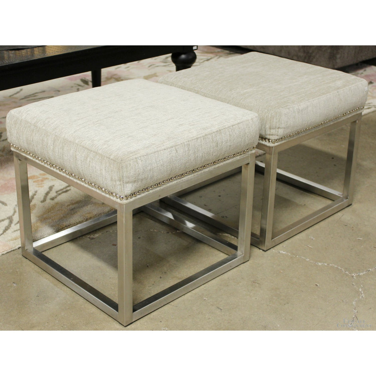 Jonathan Louis Pair of Square Sparkly Gray Ottomans
