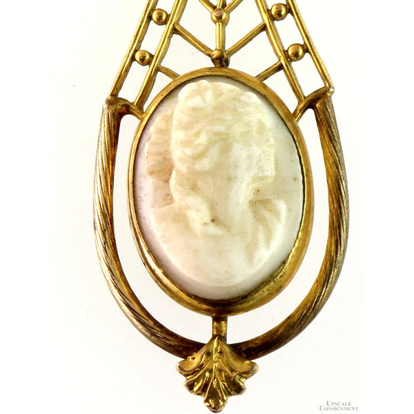 Carved Helmet Shell Cameo Pendant Necklace in 14K Gold, Circa 1935–1955