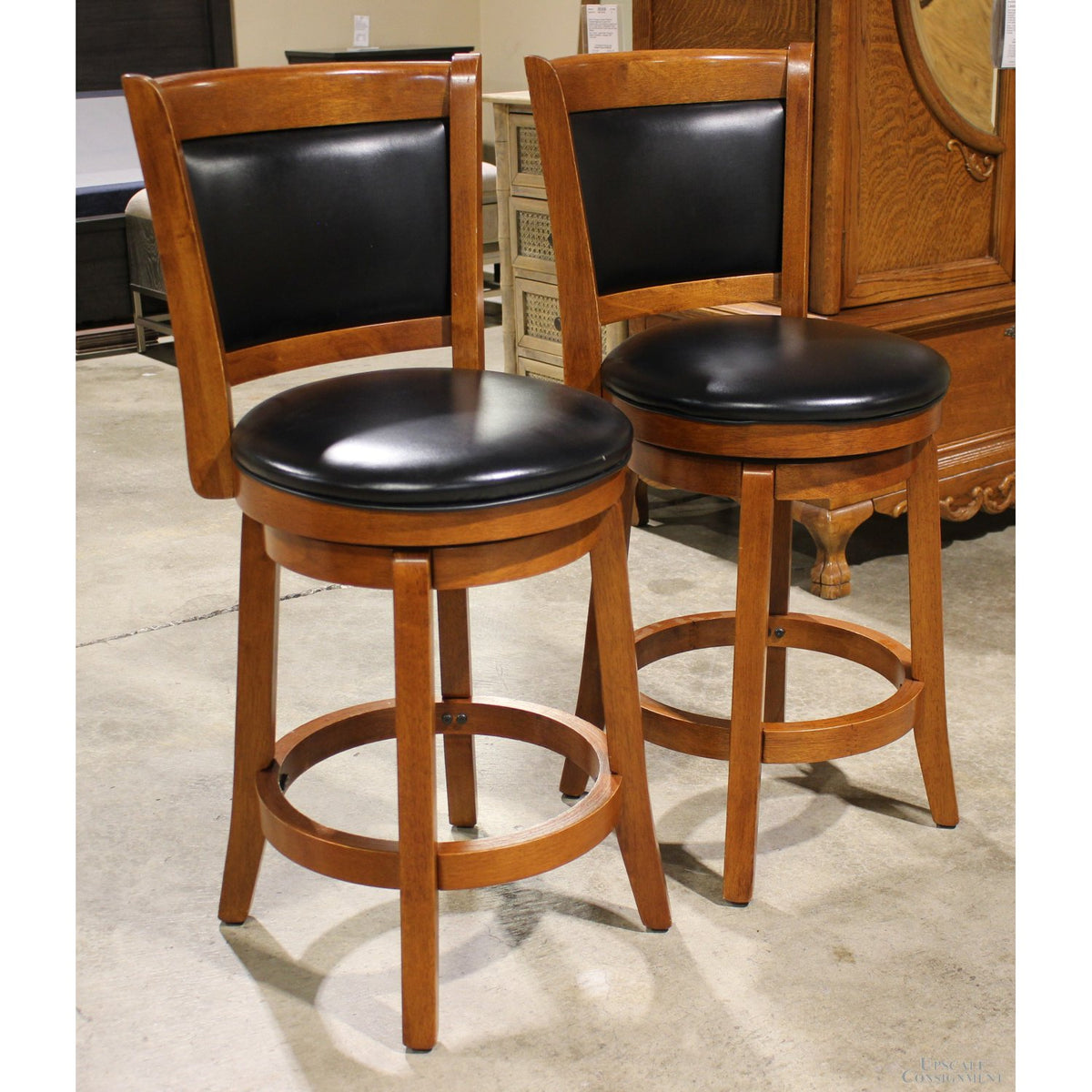 Pair of Wood & Black Swivel Counter Stools