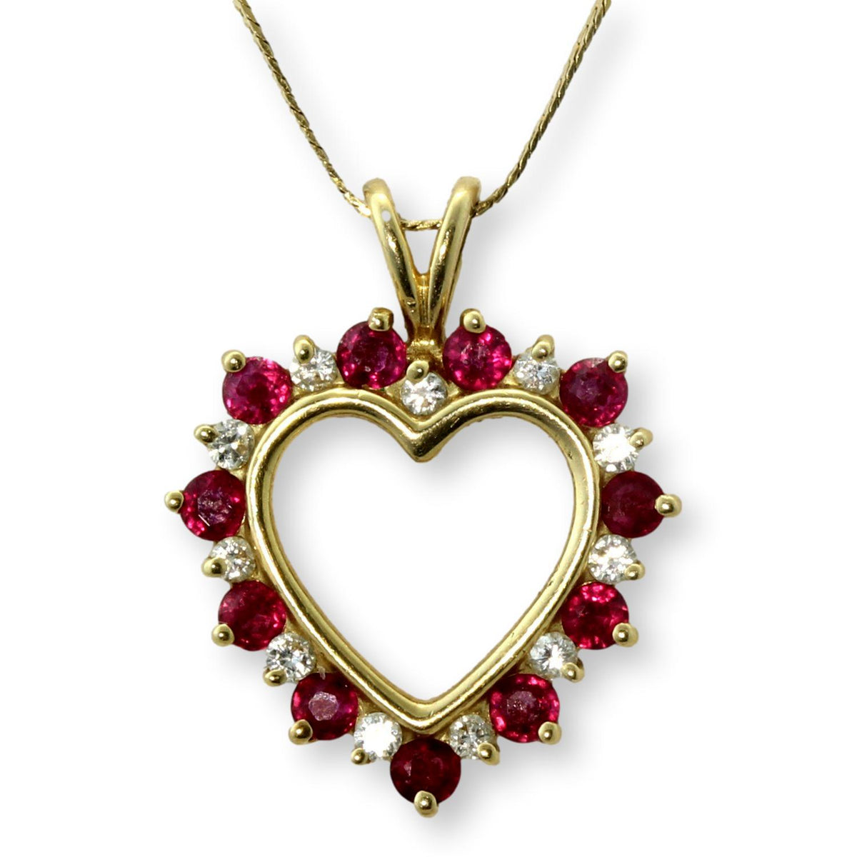 14K Gold Natural Ruby & Diamond Heart Pendant Necklace