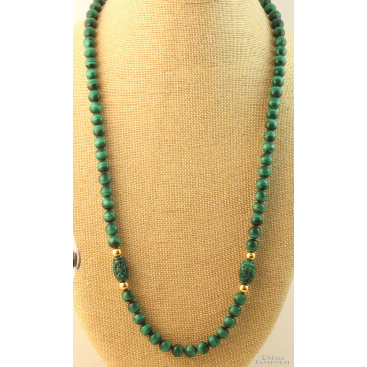 10mm Malachite & Carved Shou & 14K Gold Bead 30" Necklace