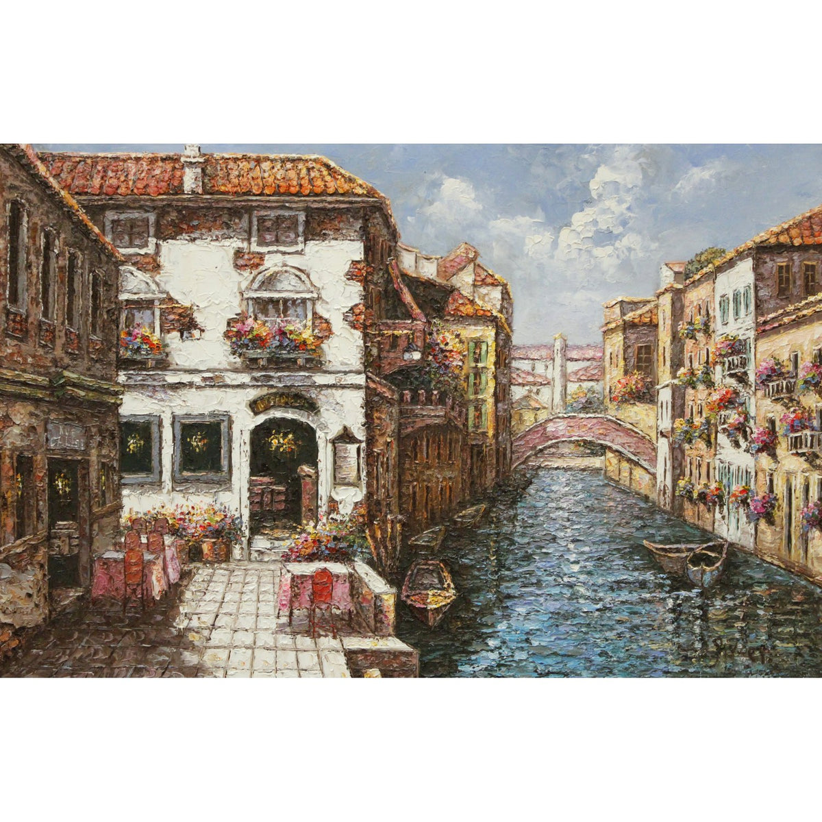 Framed Original Oil Painting of Venice Canal & Cafe