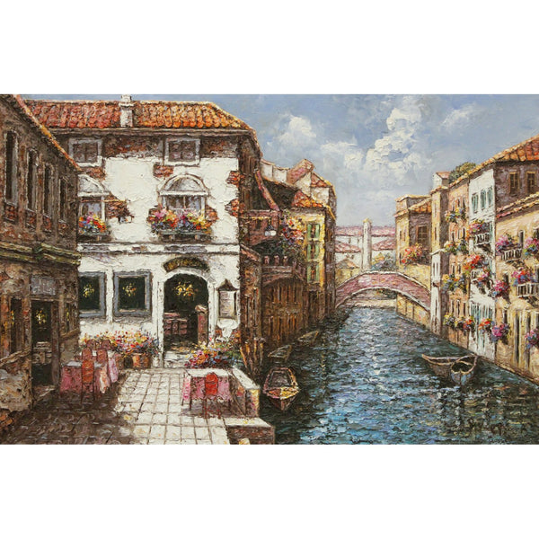 Framed Original Oil Painting of Venice Canal & Cafe