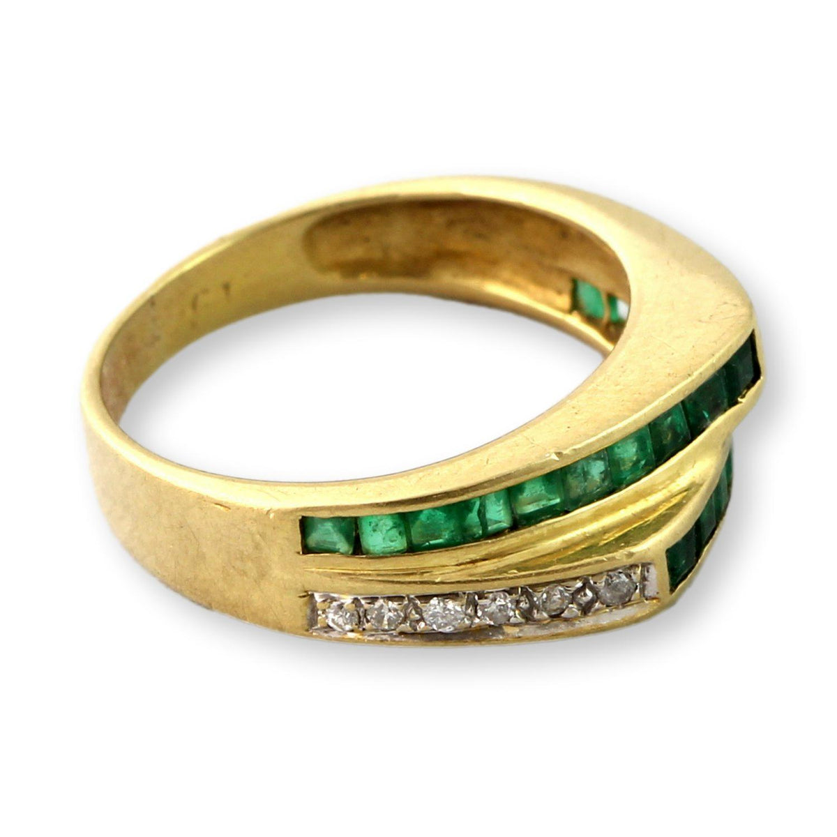18K Yellow Gold Diamond & Emerald Ring – Tiered Deco-Inspired Design