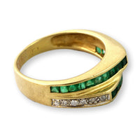 18K Yellow Gold Diamond & Emerald Ring – Tiered Deco-Inspired Design