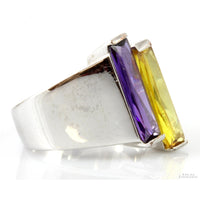 MCM Modernist Purple & Yellow Baguette Shape CZ Sterling Silver Ring