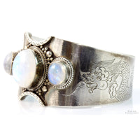 Sterling Silver 3-Stone Rainbow Moonstone Etched Dragon Cuff