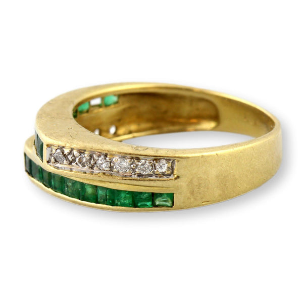 18K Yellow Gold Diamond & Emerald Ring – Tiered Deco-Inspired Design