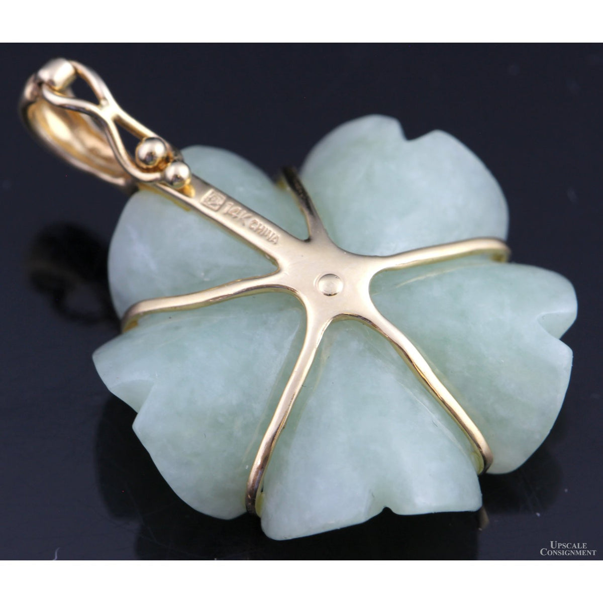 14K Gold Green Jadeite Jade Flower Enhancer Pendant