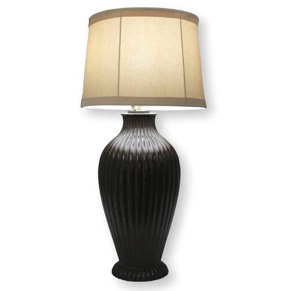 Brown Ribbed Urn Table Lamp w/Cream Shade