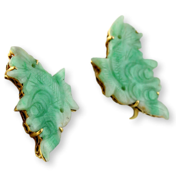 Vintage Carved Translucent Green White Jadeite Jade Fish Earrings|14K Gold  Screwbacks