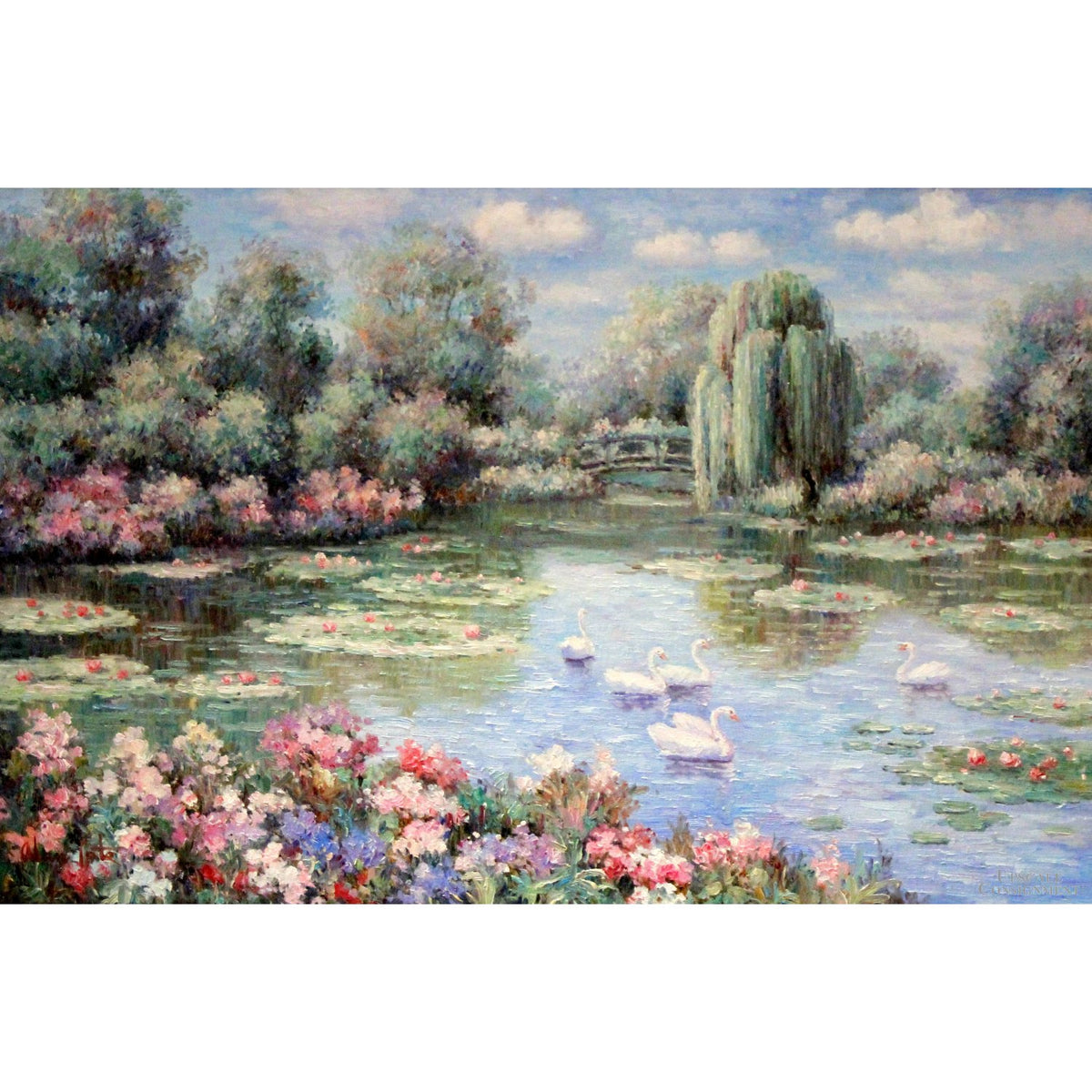 Framed Original Oil - Swans on a Pond