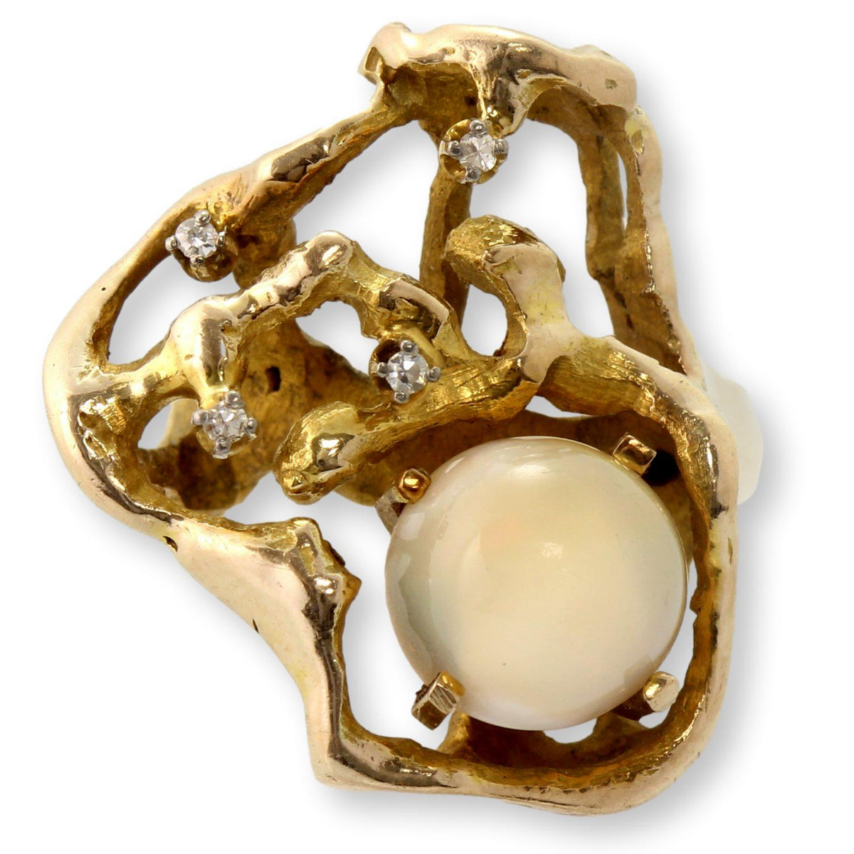 Vintage 14K Gold Australian White Opal & Diamond Ring | Mid-Century Brutalist Design
