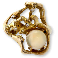 Vintage 14K Gold Australian White Opal & Diamond Ring | Mid-Century Brutalist Design