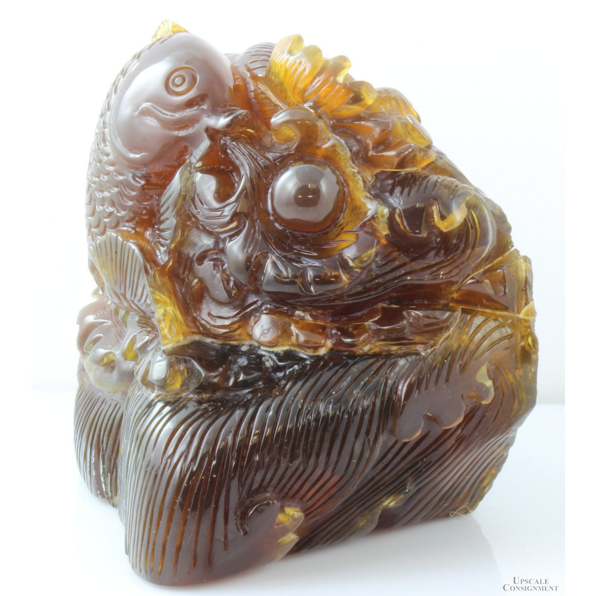 Hand-Carved KOI Sculpture & Pedestal Burmese Myanmar Amber