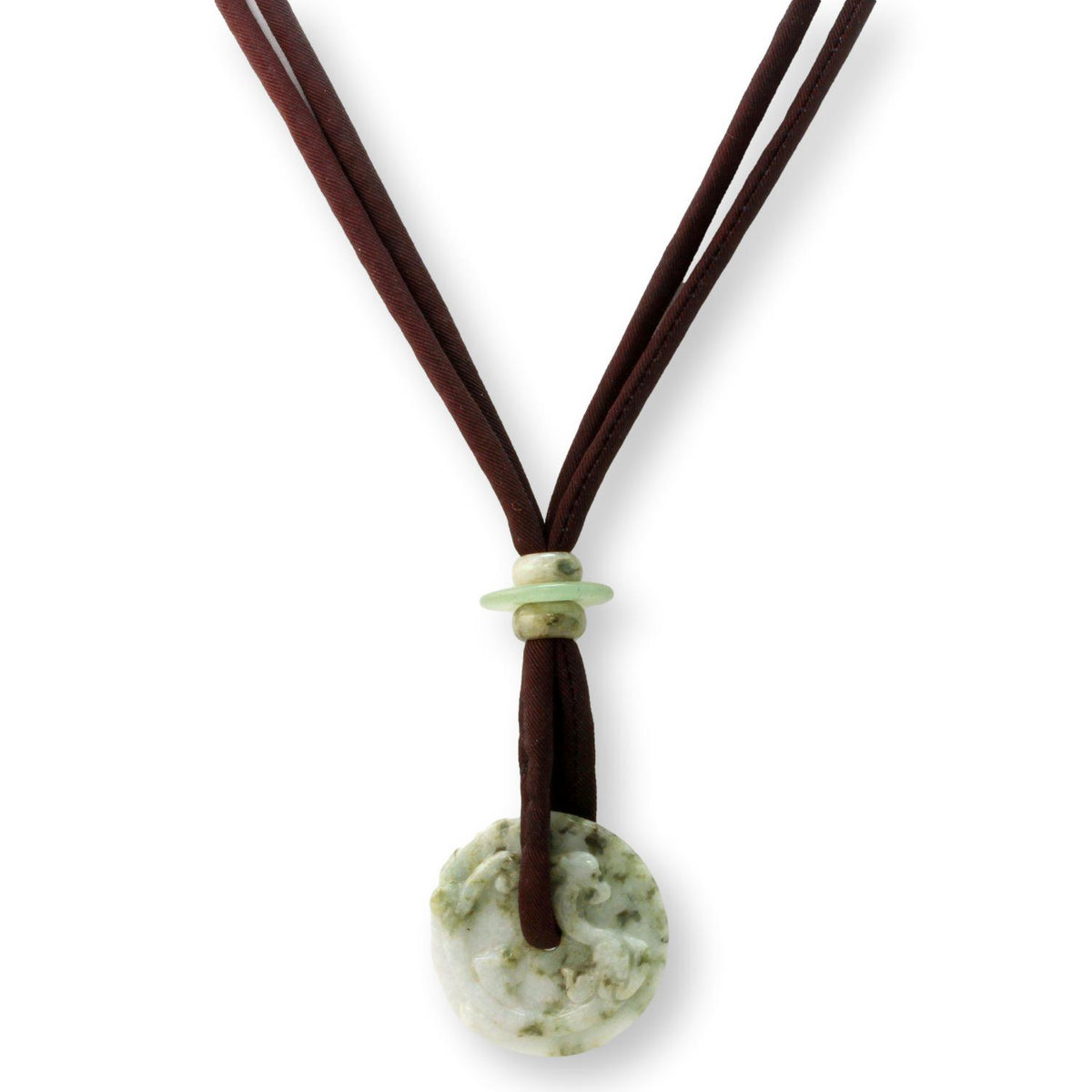 Large Carved Jadeite Jade Bi Disc Pendant Necklace & Silk Corded Necklace, Dragon