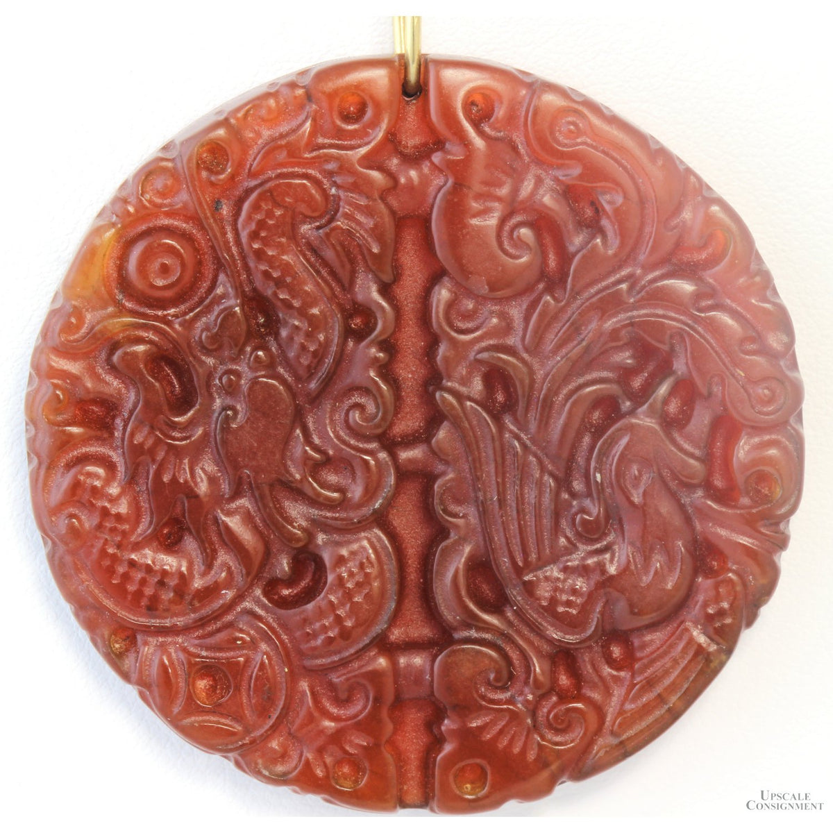Natural Red Serpentine Dragon & Phoenix Pendant