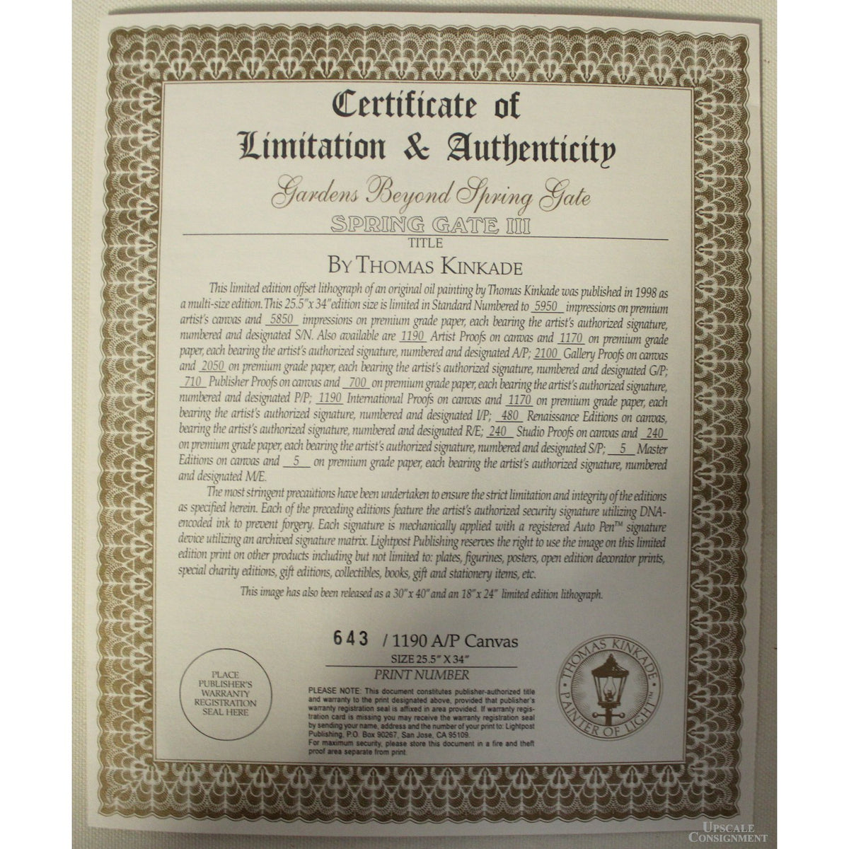 Framed Limited Edition Lithograph "Gardens Beyond Spring Gate" by Thomas Kinkade