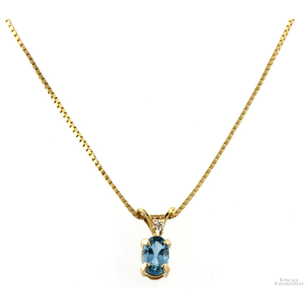 14K Gold Blue Topaz & Diamond Pendant Necklace
