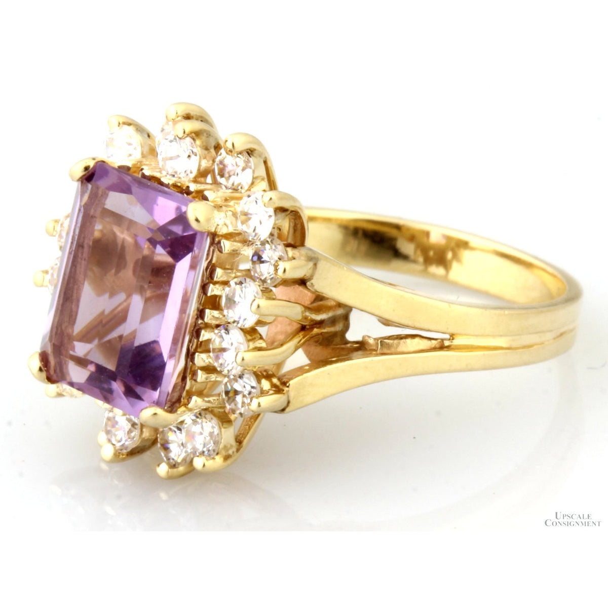 3ct Amethyst & Colorless Sapphire Halo 14K Gold Ring