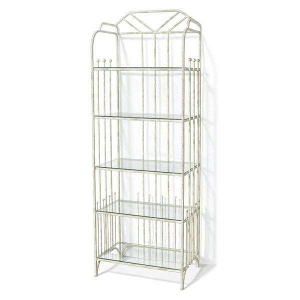 Distressed White Glass & Metal Etagere