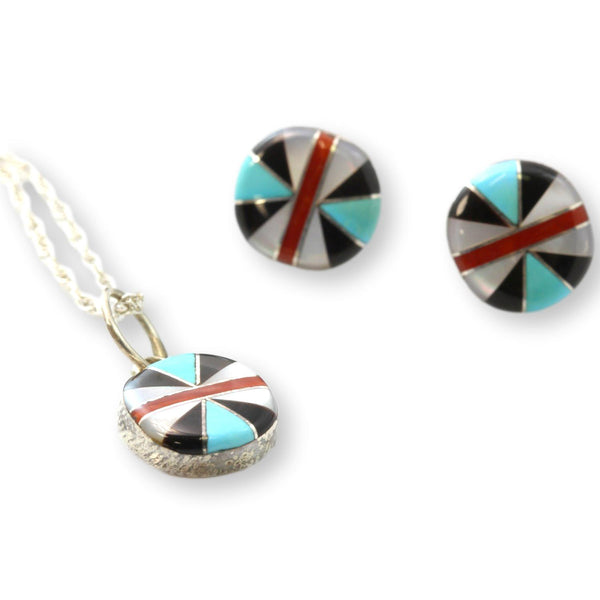 Navajo Silversmith Sterling Silver Multi-Stone Inlay Pendant Necklace & Earrings
