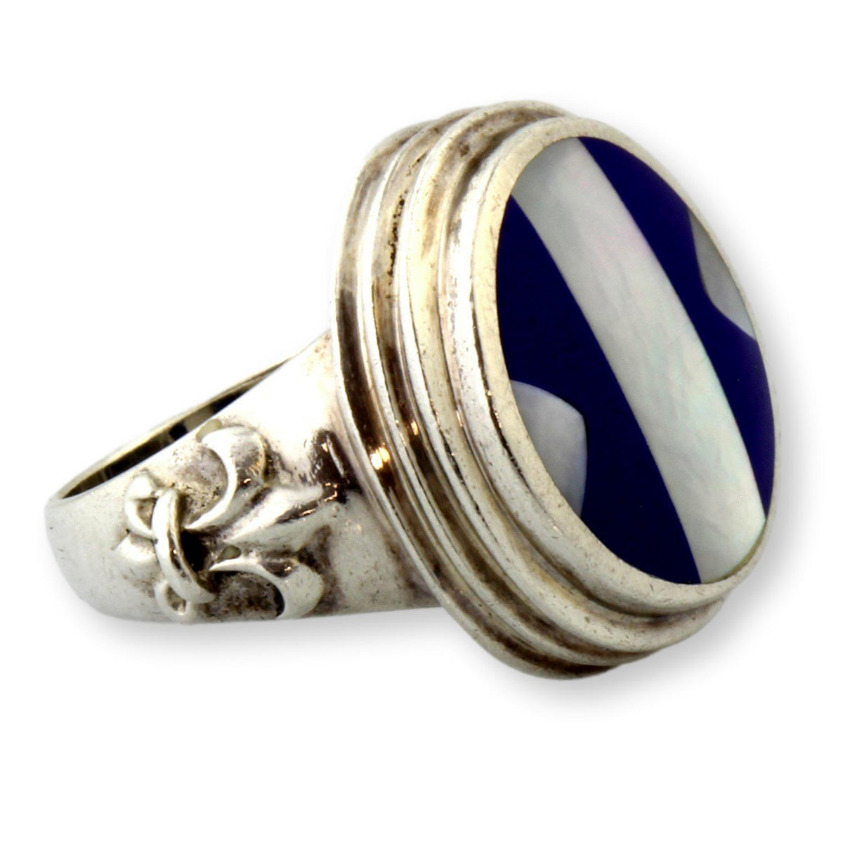 Vintage Navajo Lapis & Mother of Pearl Inlay Ring – Fleur-de-Lis Shoulders