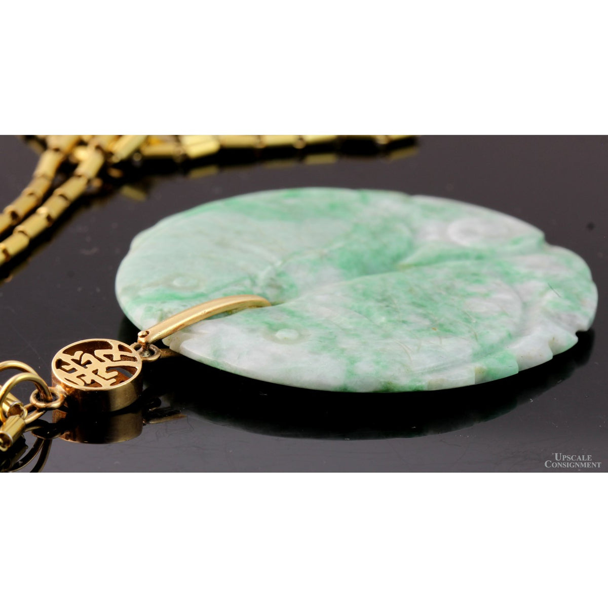 Vintage Jadeite Jade Double-Sided Fish Pendant 14K Gold Large Carved Disc 2.125”