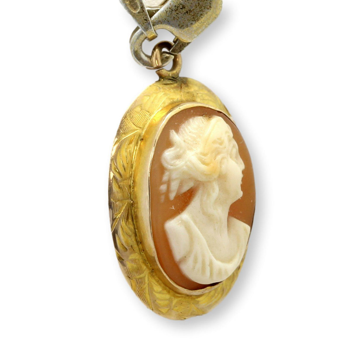 Vintage 14K Gold Shell Cameo Pendant Classical Lady Profile Mid-Century