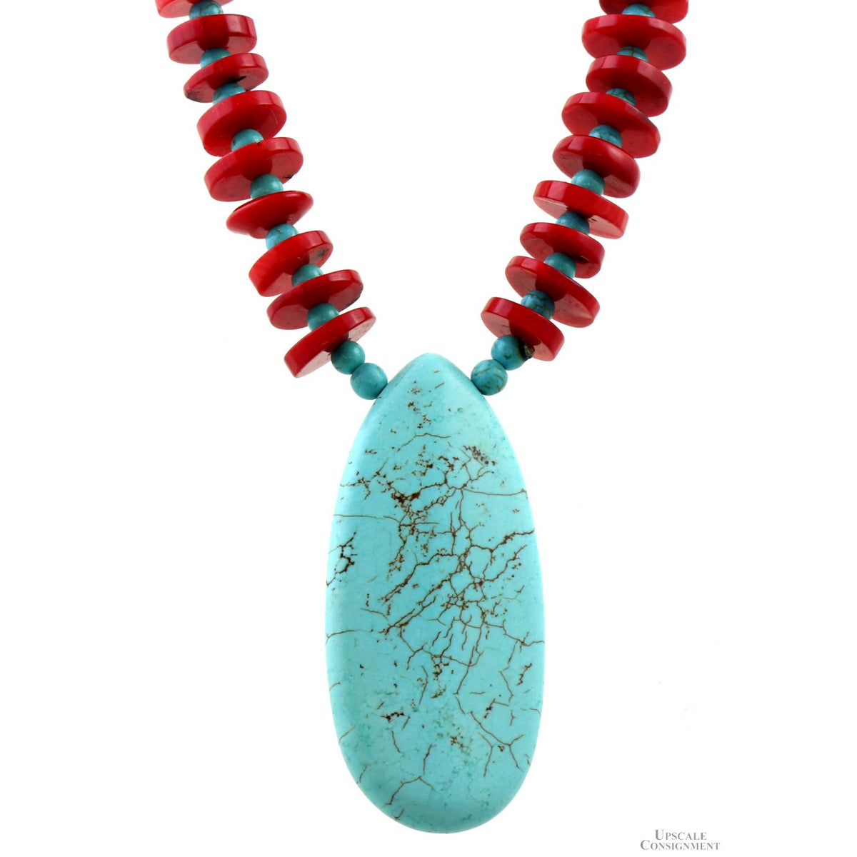 Turquoise & Coral Beaded Necklace - Teardrop Pendant