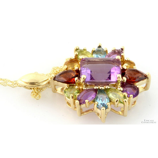 Multi-Gemstone Rainbow 10K Yellow Gold Pendant & Chain