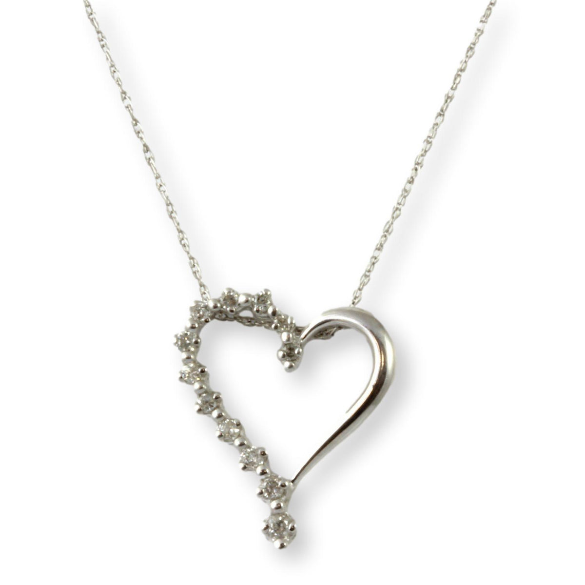 10K White Gold Open Heart Diamond Pendant Necklace