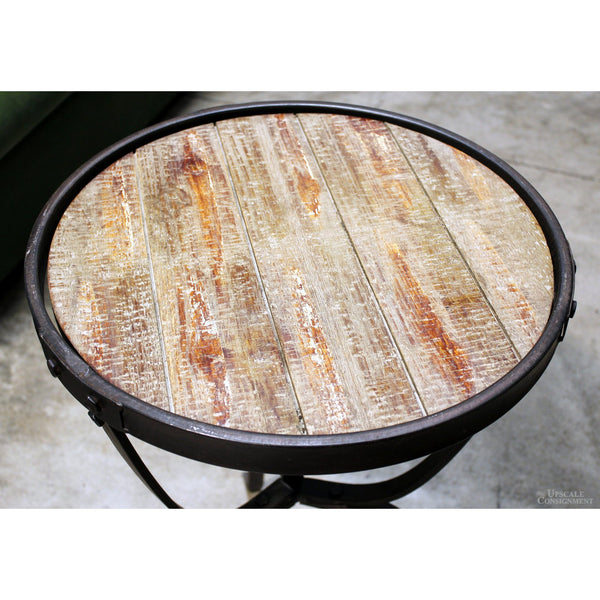 Round Rustic Accent Table w/Wrought Iron Frame & Trim