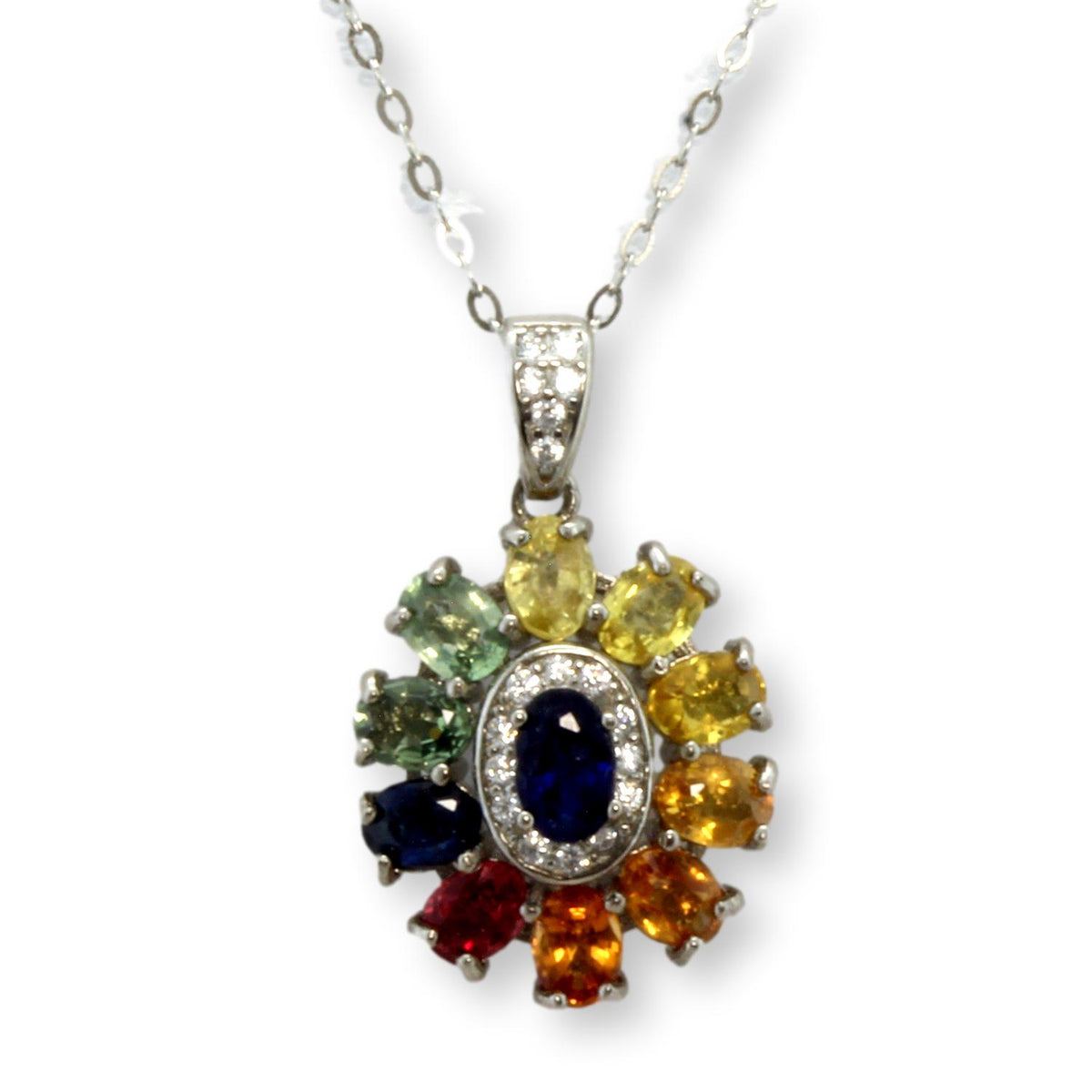 Sterling Silver Blue Sapphire and Multicolored Sapphire Pendant Necklace