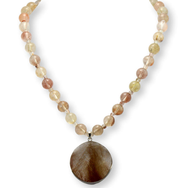 Natural Rutilated Quartz Beaded Necklace with Sterling Silver Rutilated Quartz Pendant