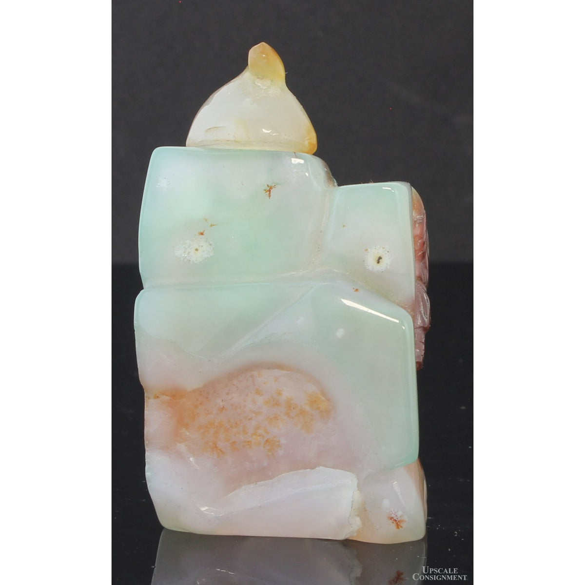 Chinese Hand-Carved Banded Agate Figural Snuff Bottle Depicting a Woman Cradling a Child