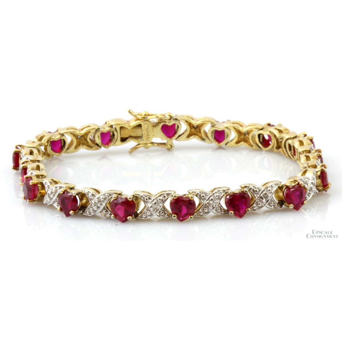 Gold Vermeil Lab-Created Ruby Hearts & Diamond Link Bracelet