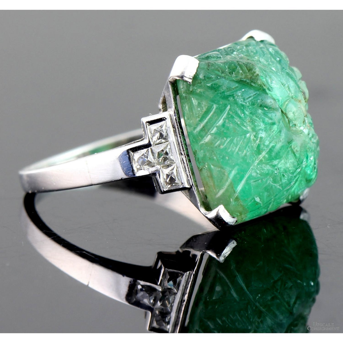 8.69ct Carved Natural Emerald & .26ctw Diamond Platinum Ring