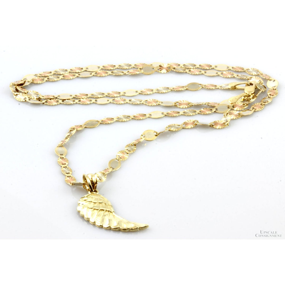 Diamond Cut Angel Wing 10K Pendant & 14K Tri-Gold Chain